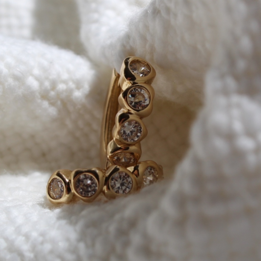 Dainty Gold Hoop Earrings with Simulated Gem Filled Hearts